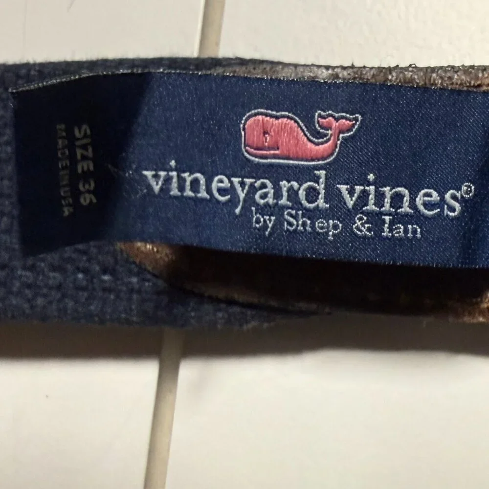 Red White and Blue Whale Navy & Leather Belt Sz 36 Vineyard Vines